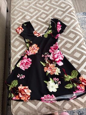Black Floral Fit-and-Flare Dress - Pink & Green Roses-Planet Gold Size Medium